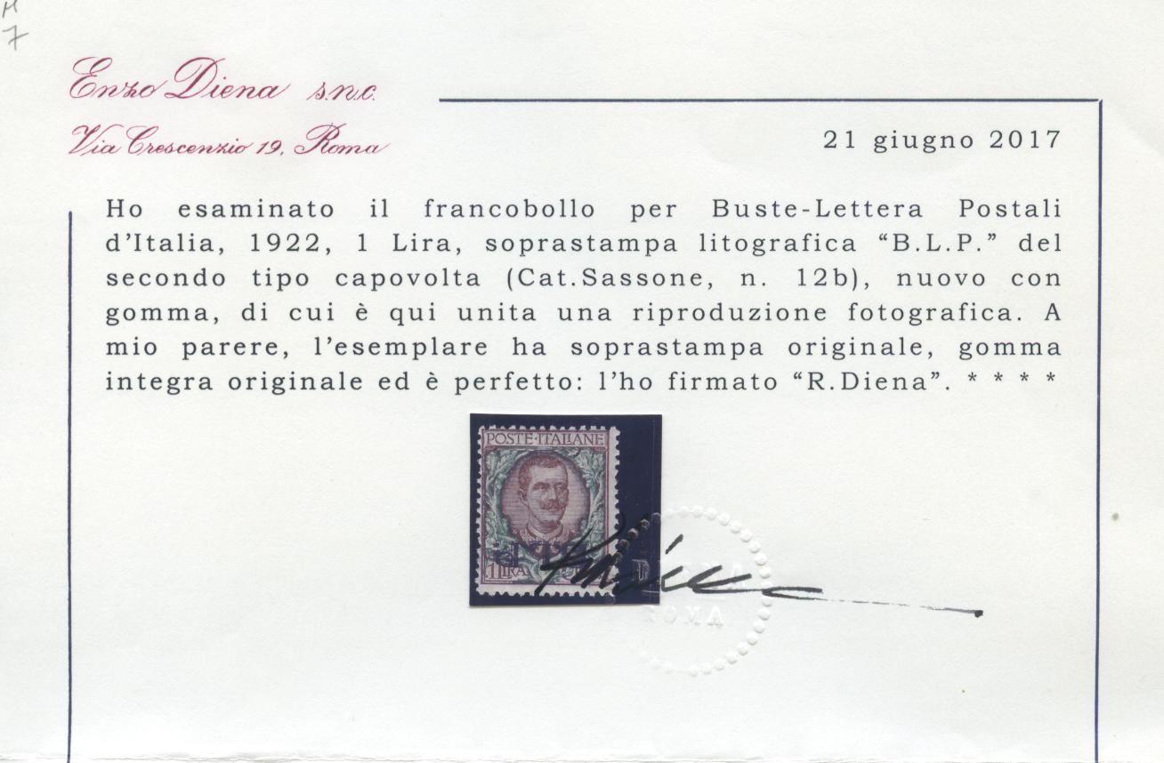 Scansione lotto: REGNO 1922 BLP L.1 ROVESCIATO 2 **  CERT.