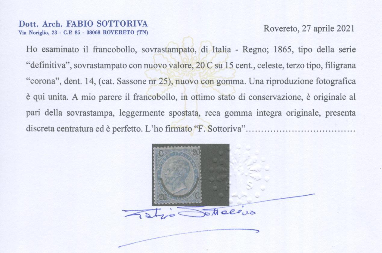 Scansione lotto: REGNO 1865 20C. SU 15C. III TIPO 3 **  CERT.