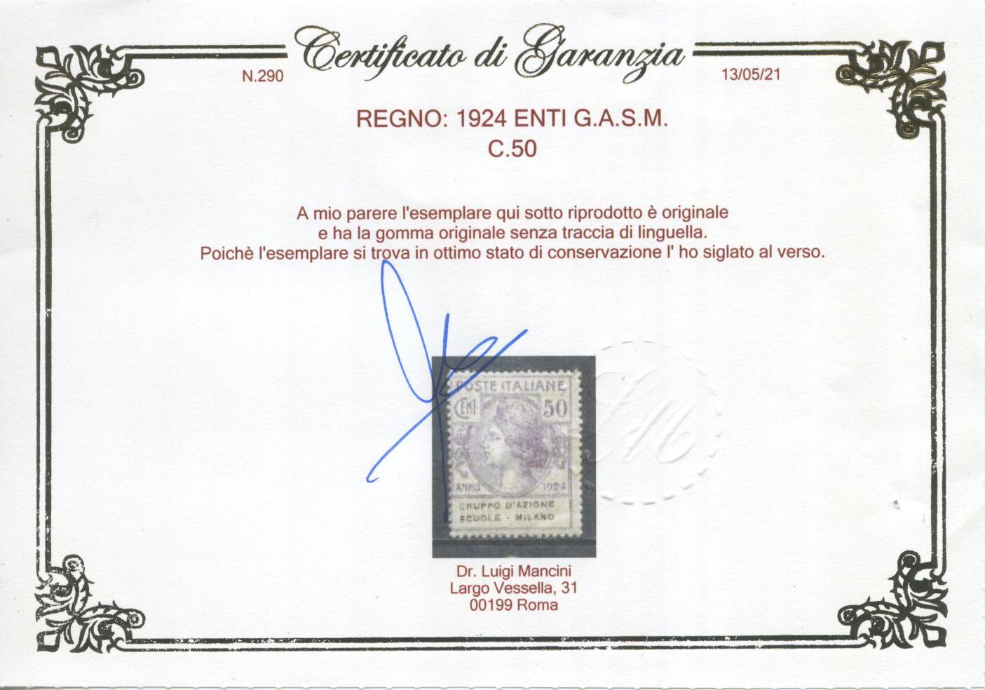 Scansione lotto: REGNO 1924 ENTI G.A.S.M. 4V. 4 **  CERT.