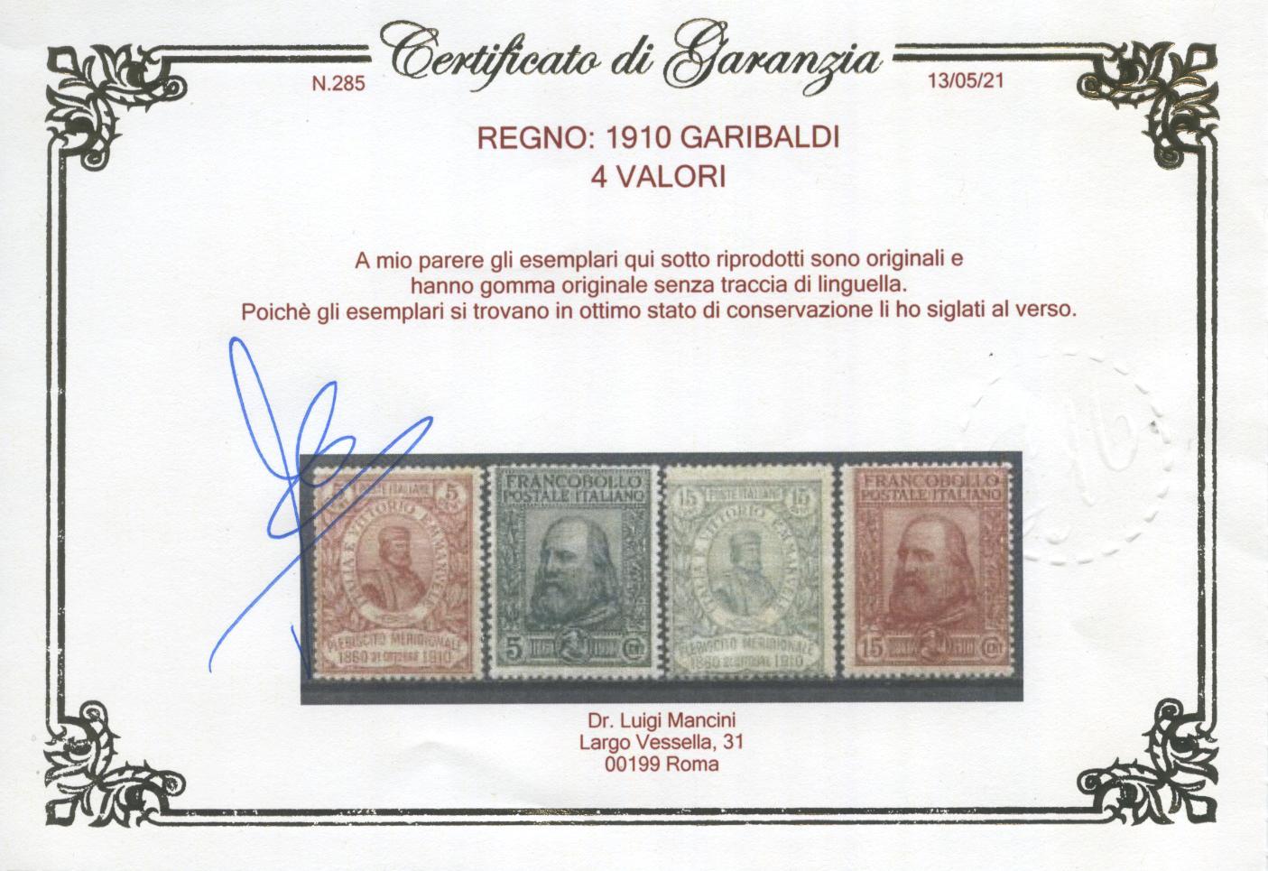 Scansione lotto: REGNO 1910 GARIBALDI 4V. 5 **  CERT.