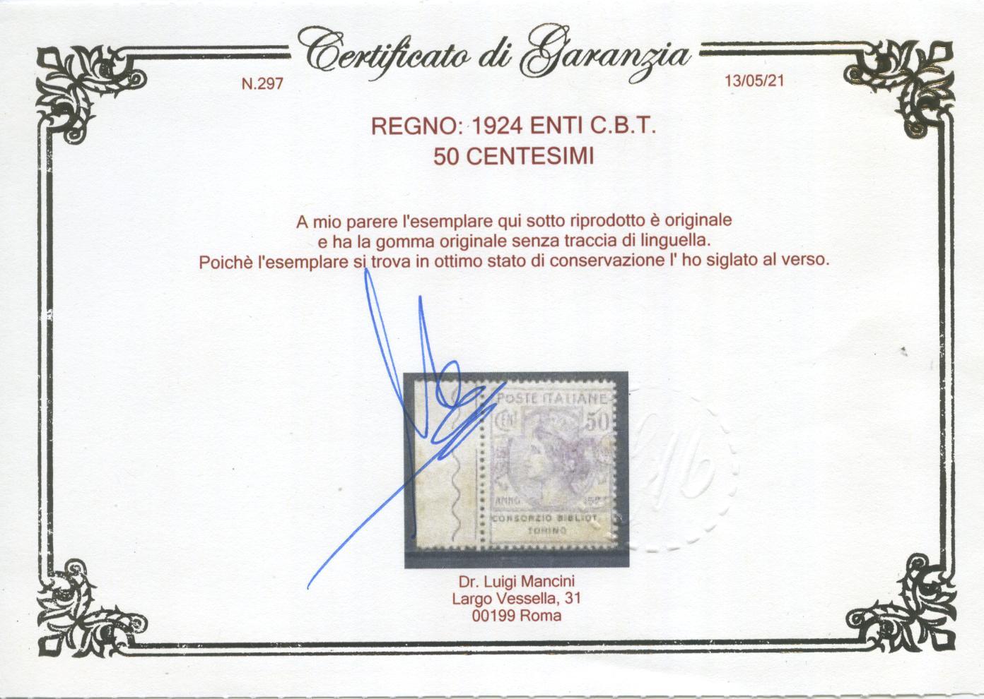 Scansione lotto: REGNO 1924 ENTI C.B.T. 4V. 2 ** CENTRATO CERT.