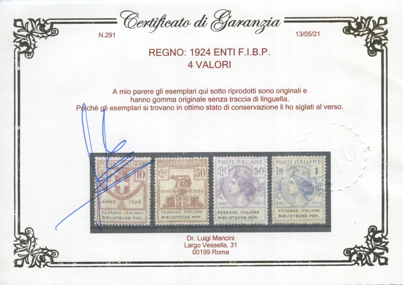 Scansione lotto: REGNO 1924 ENTI F.I.B.P. 4V. 2 ** CENTRATO CERT.