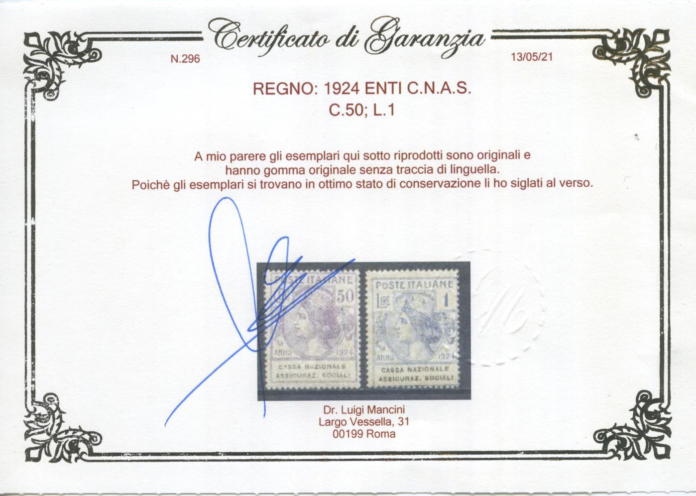 Scansione lotto: REGNO 1924 ENTI C.N.A.S. 6V. 2 **  CERT.