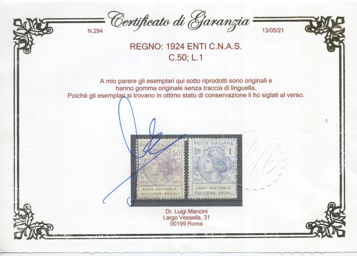 Scansione lotto: REGNO 1924 ENTI C.N.A.S. 6V. **  CERT.