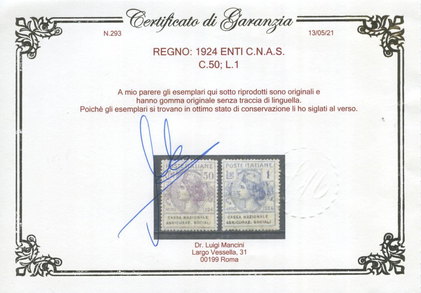 Scansione lotto: REGNO 1924 ENTI C.N.A.S. 6V. 2 ** CENTRATO CERT.