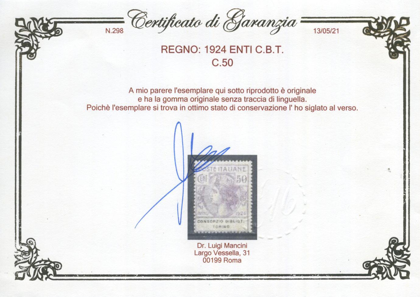 Scansione lotto: REGNO 1924 ENTI C.B.T. 4V. 4 **  CERT.