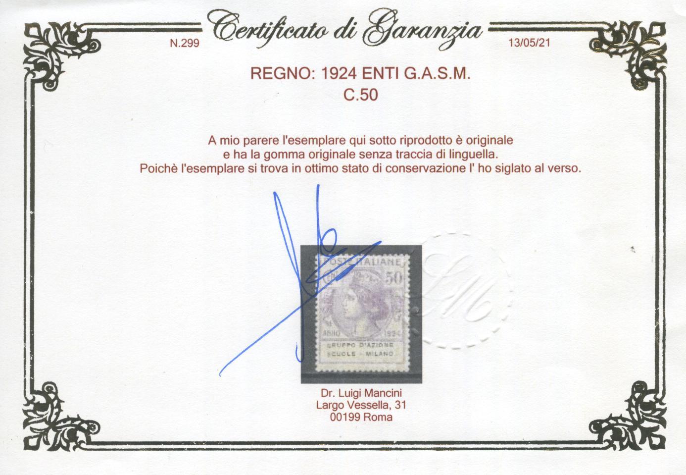 Scansione lotto: REGNO 1924 ENTI G.A.S.M. 4V. 3 ** CENTRATO CERT.