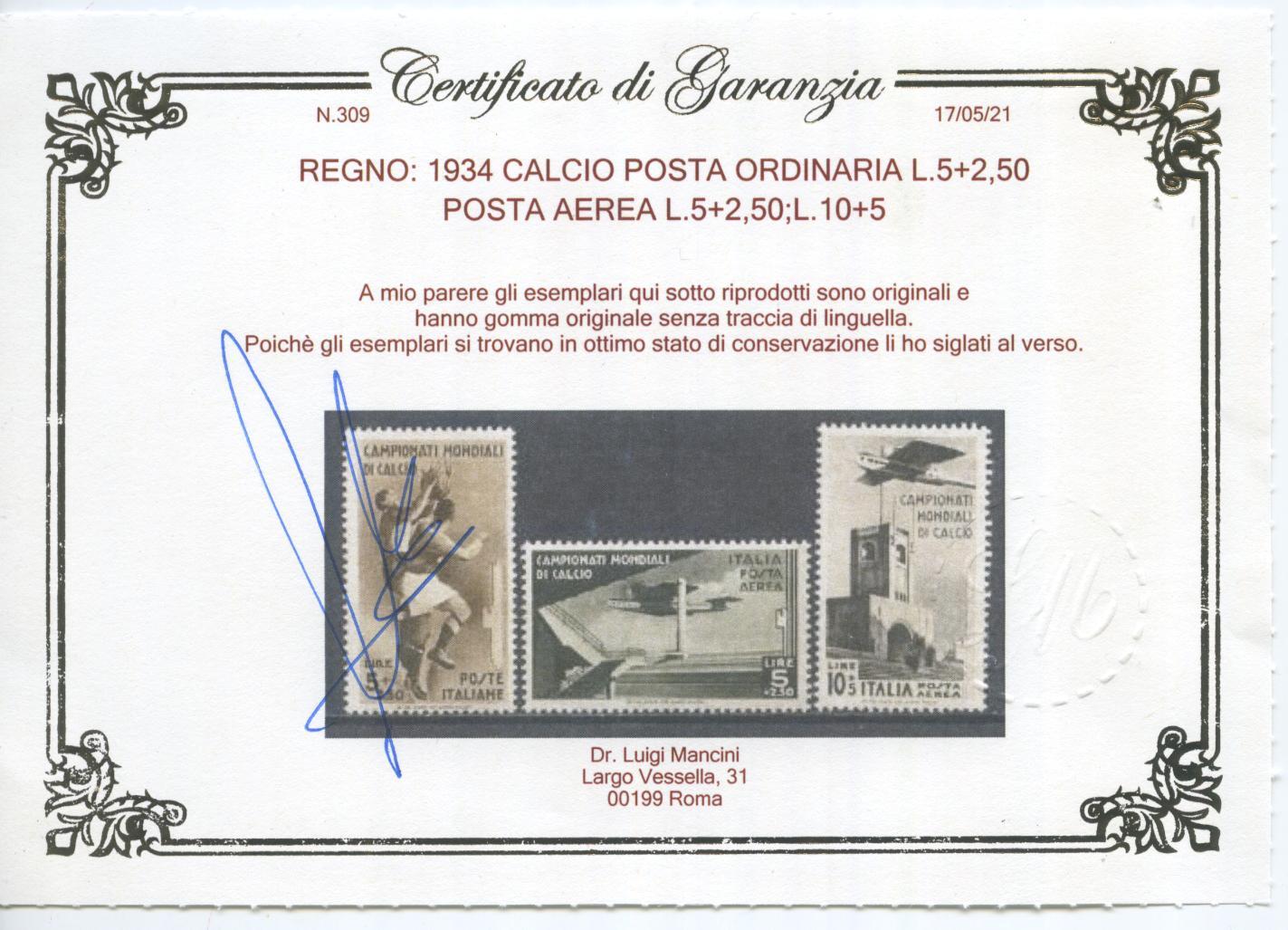 Scansione lotto: REGNO 1934 CALCIO 9V. ** CENTRATO CERT.