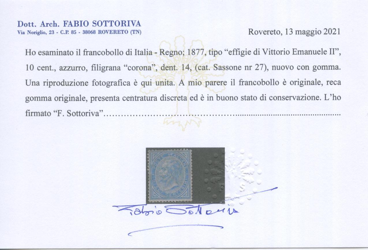 Scansione lotto: REGNO 1877 10C. AZZURRO *  CERT.