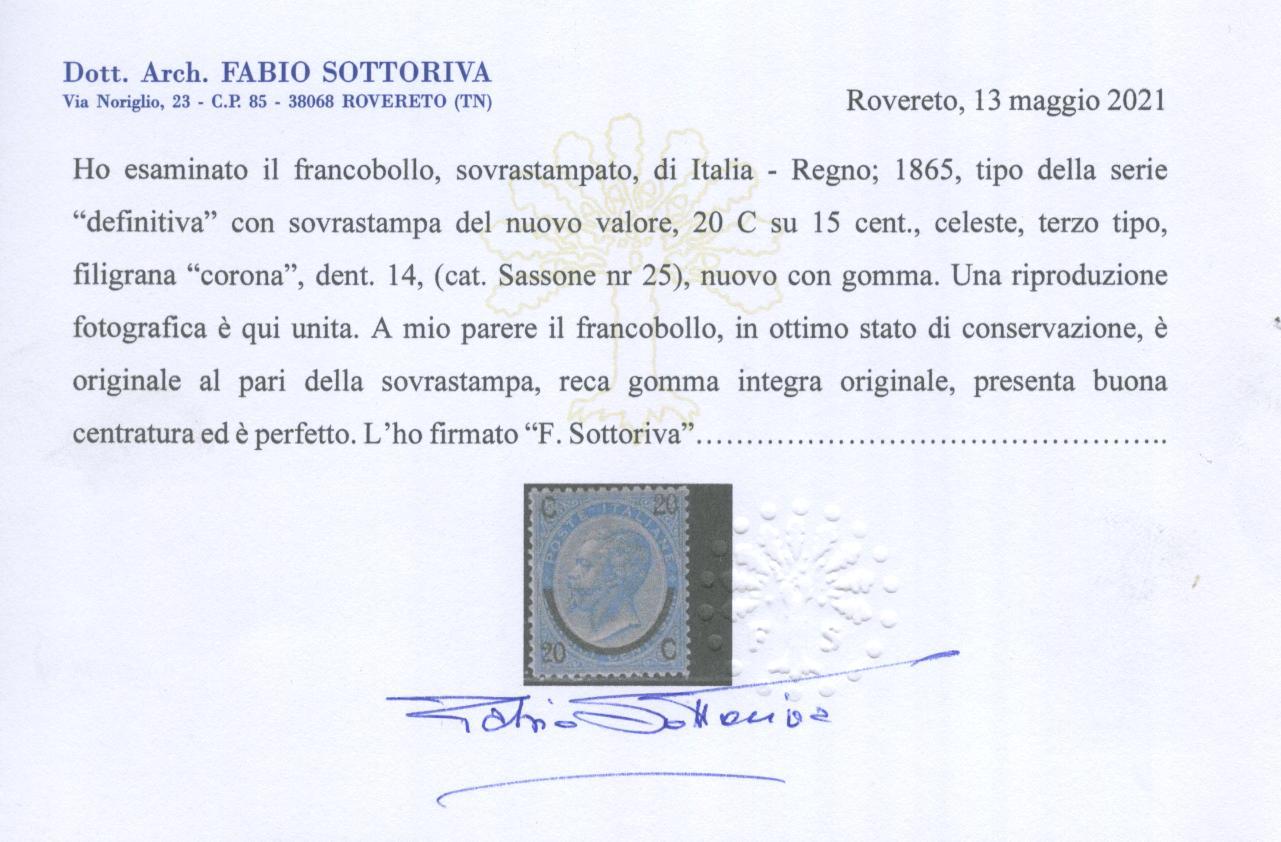 Scansione lotto: REGNO 1865 20C. SU 15C. III TIPO ** CENTRATO CERT.