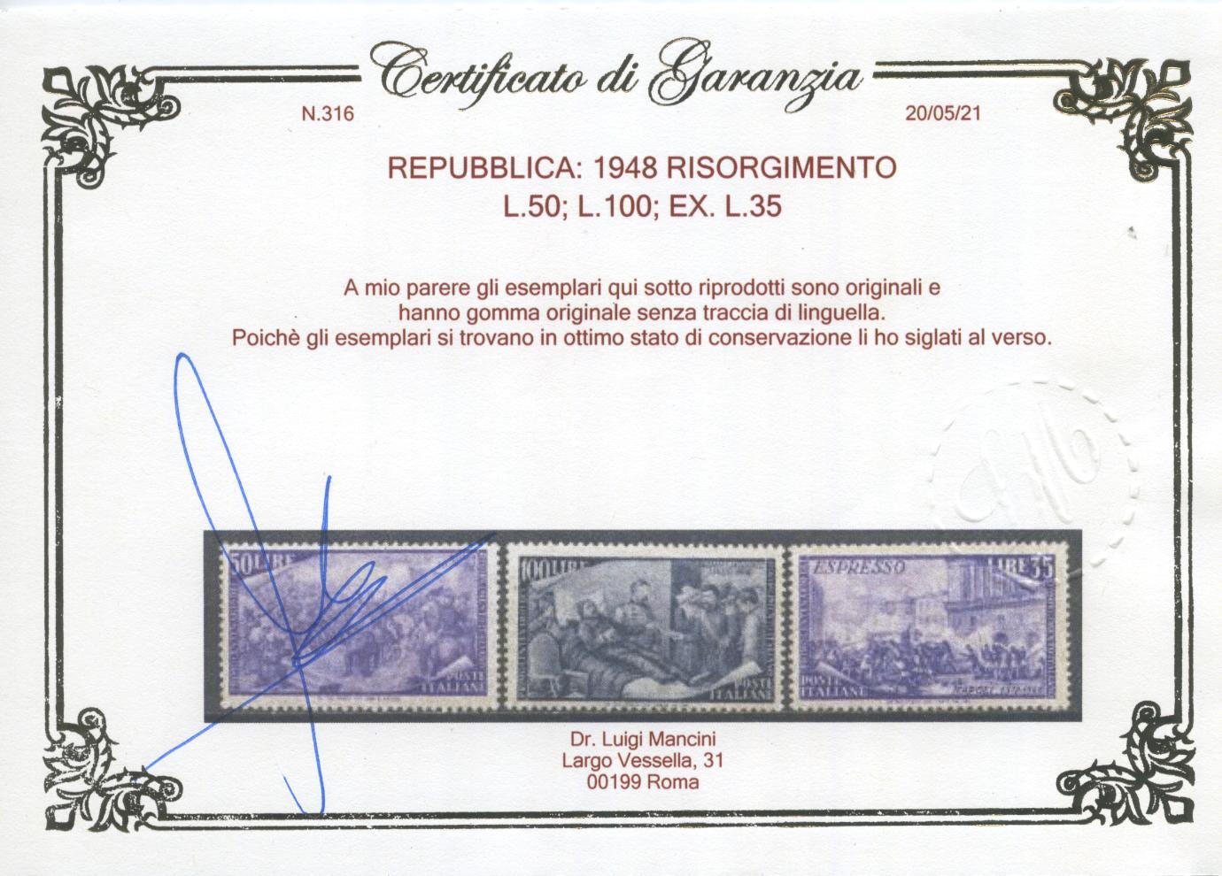 Scansione lotto: REPUBBLICA 1948 RISORGIMENTO 13V. 2 ** CENTRATO CERT.