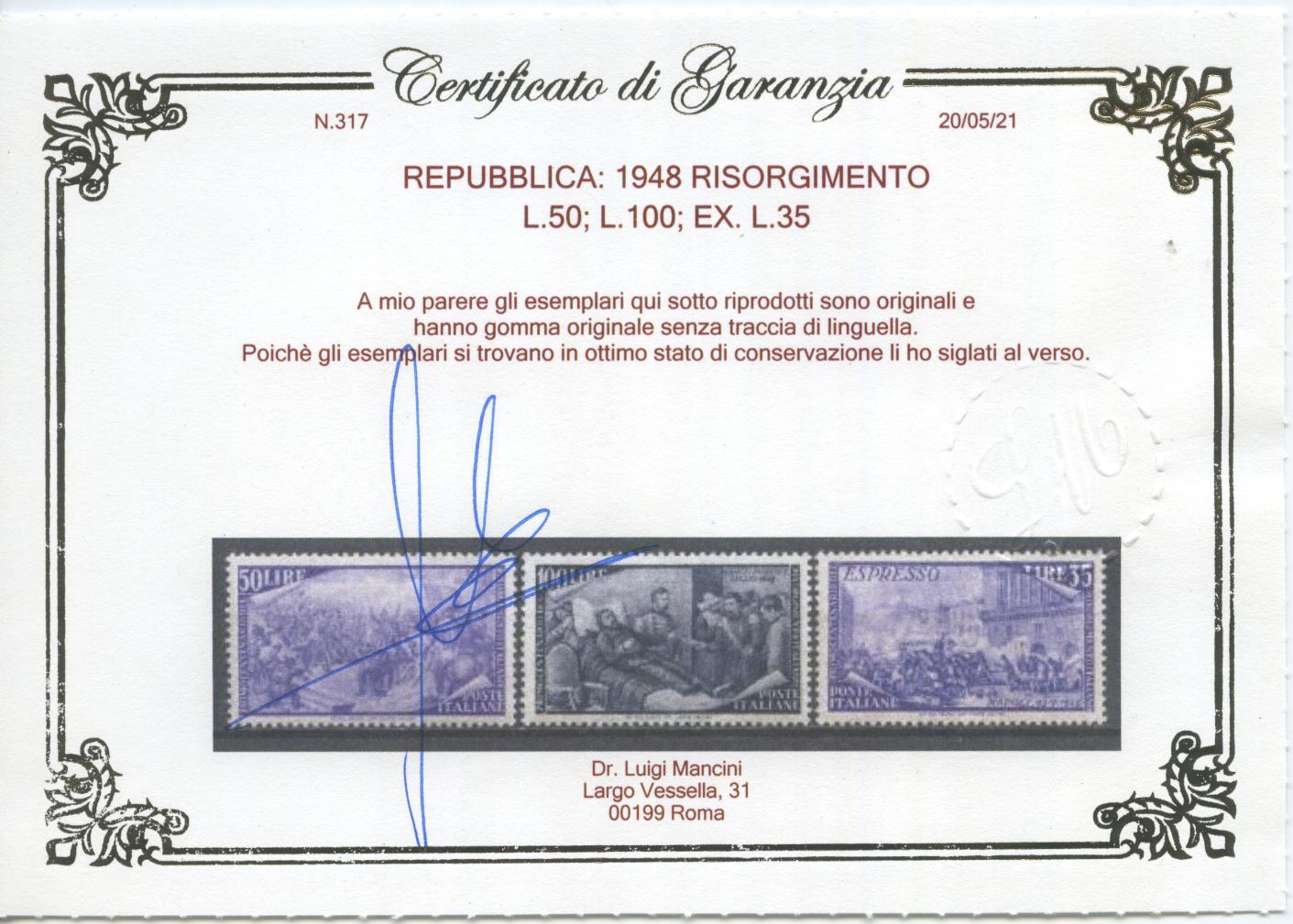 Scansione lotto: REPUBBLICA 1948 RISORGIMENTO 13V. 4 ** LUSSO CERT.