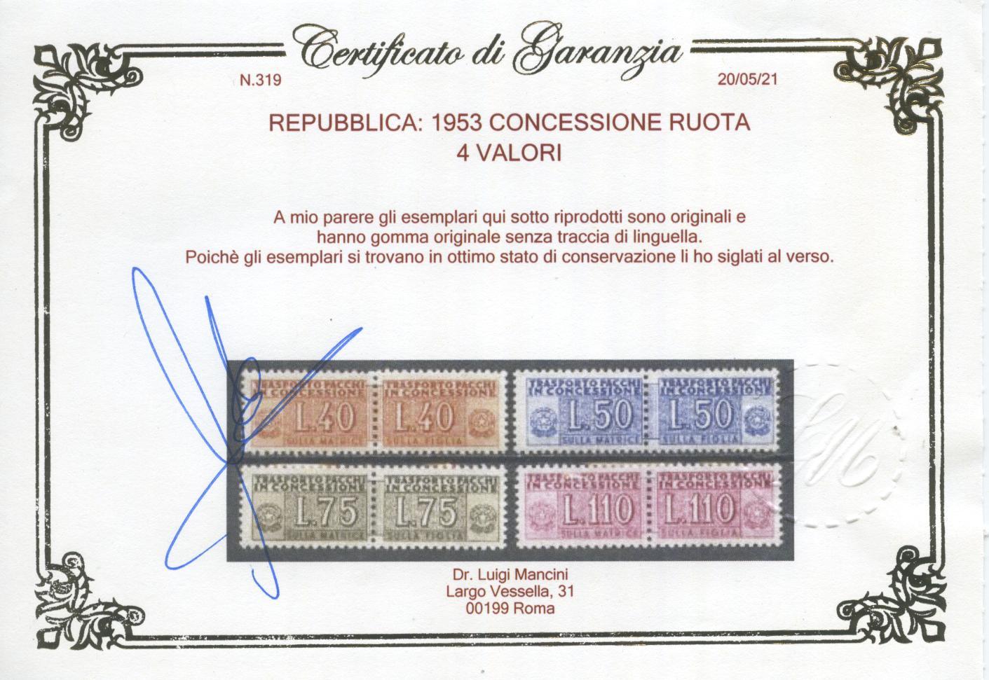 Scansione lotto: REPUBBLICA 1953 CONCESSIONE RUOTA 4V. 3 **  CERT.