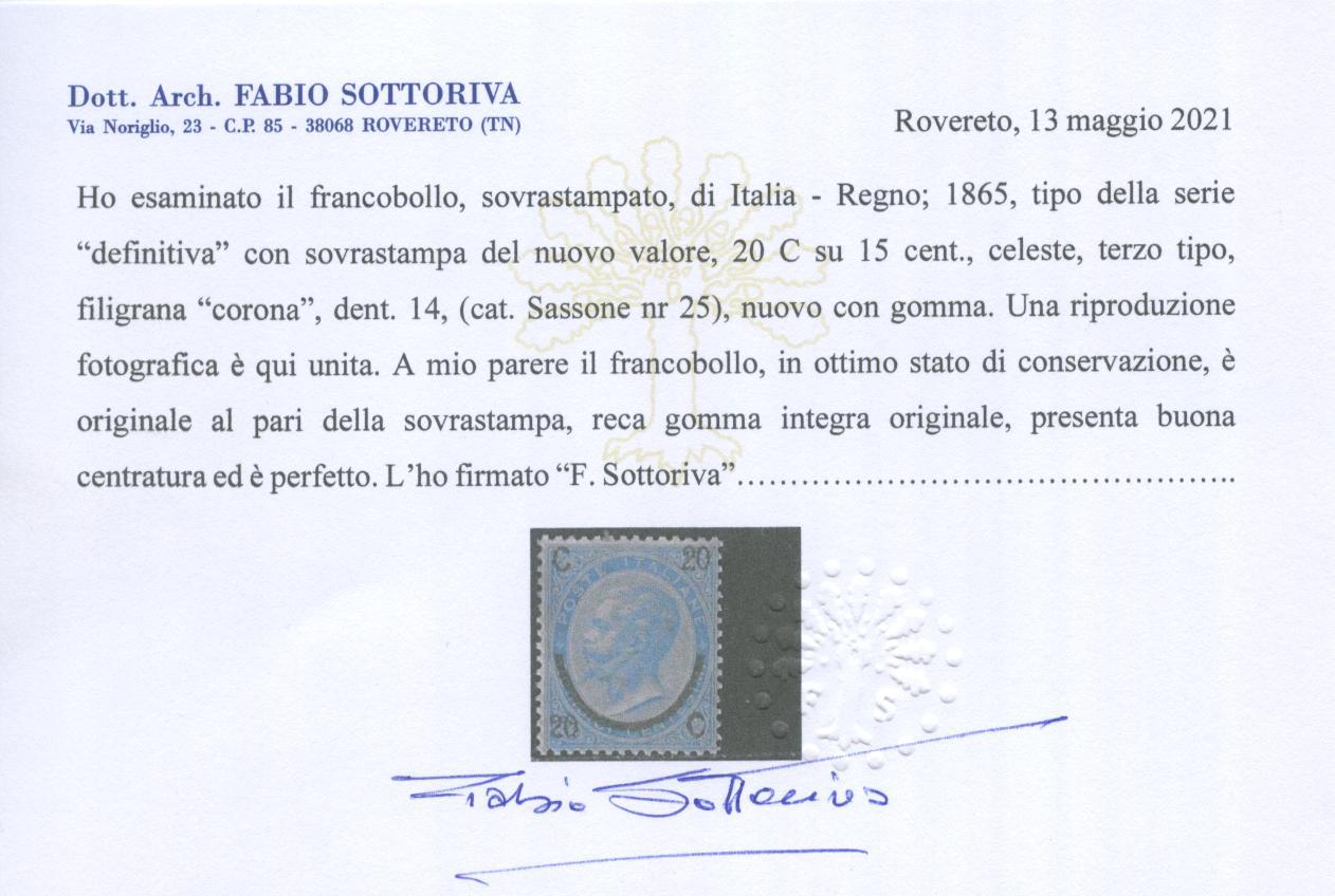 Scansione lotto: REGNO 1865 20C. SU 15C. III TIPO 3 ** CENTRATO CERT.