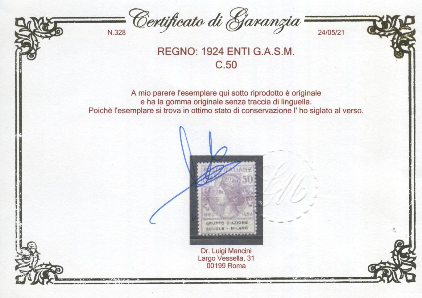 Scansione lotto: REGNO 1924 ENTI G.A.S.M. 4V. 5 **  CERT.