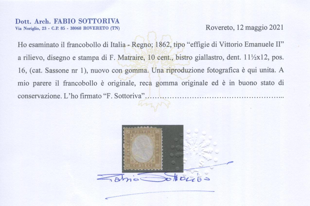 Scansione lotto: REGNO 1862 10C. BISTRO GIALLASTRO b *  CERT.