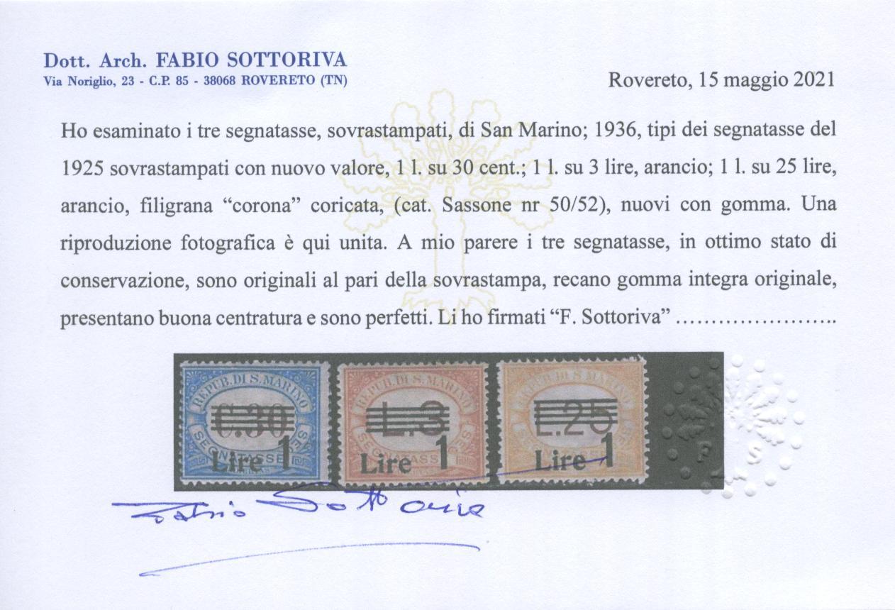 Scansione lotto: SAN MARINO 1936/9 TASSE SOVR. 7V. 2 ** CENTRATO CERT.