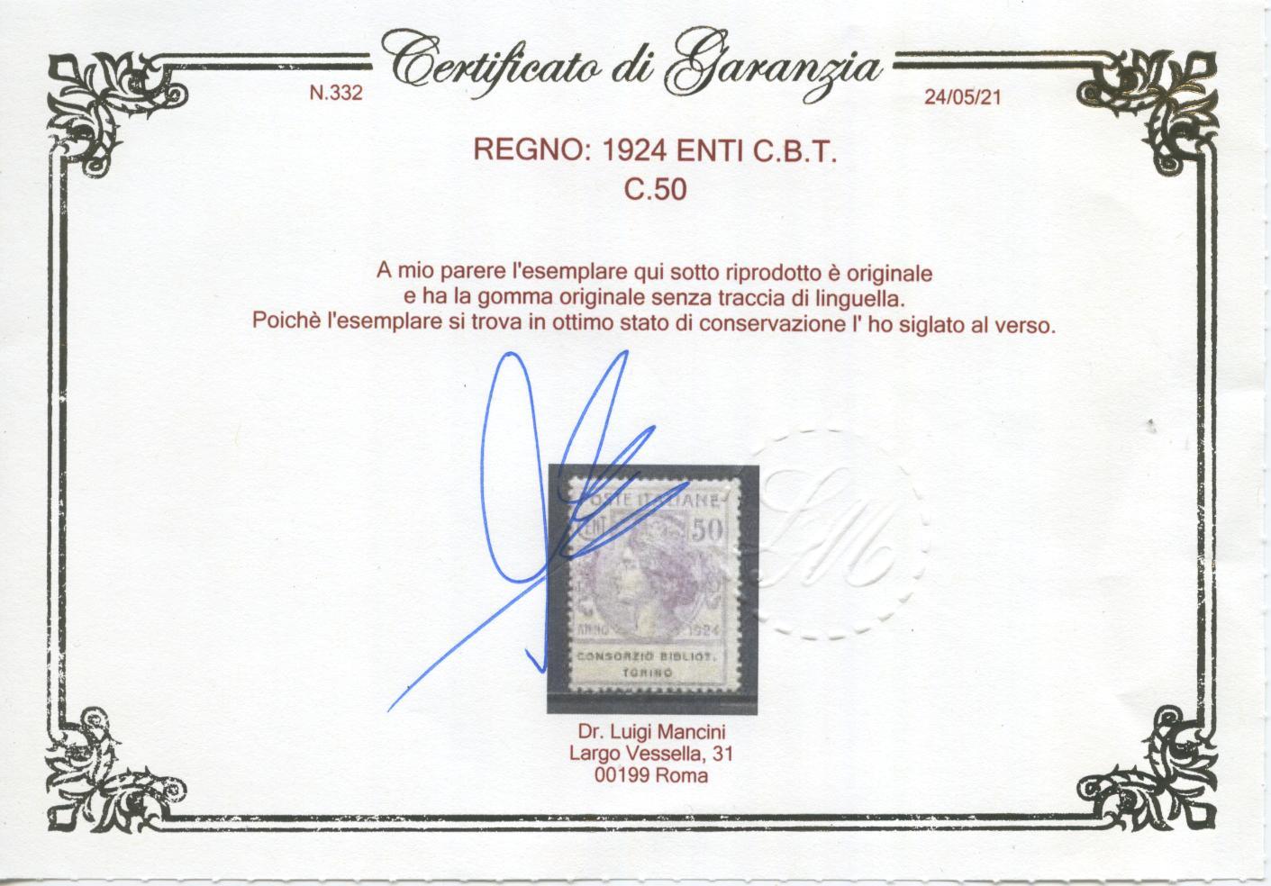 Scansione lotto: REGNO 1924 ENTI C.B.T. 4V.6 **  CERT.