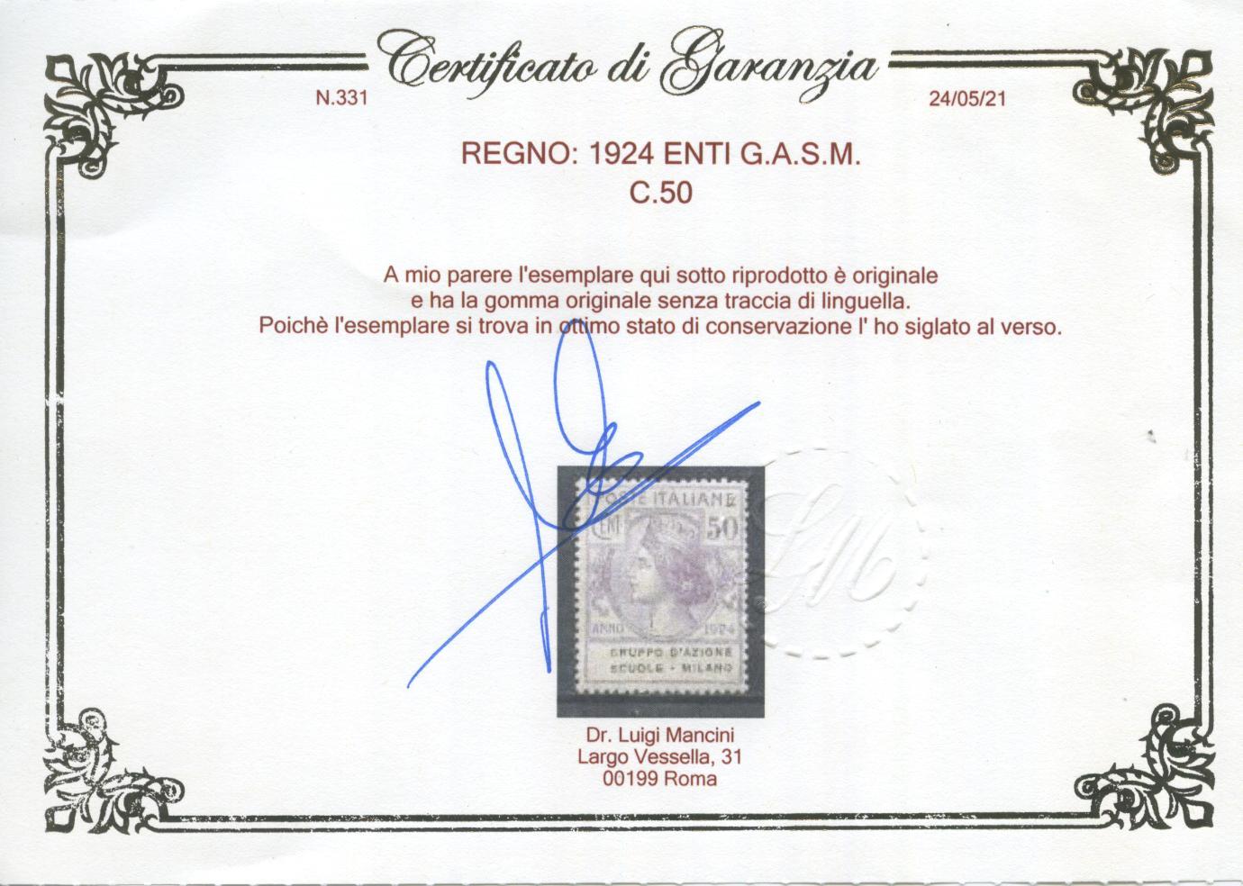 Scansione lotto: REGNO 1924 ENTI G.A.S.M. 4V. 2 ** CENTRATO CERT.