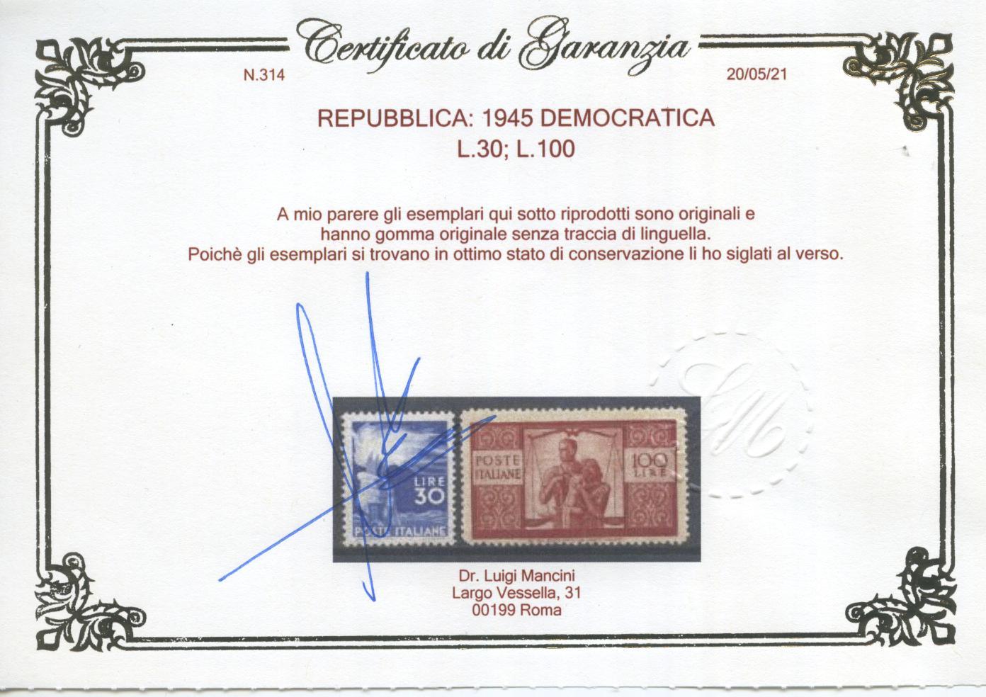 Scansione lotto: REPUBBLICA 1945 DEMOCRATICA 23V. 7 ** CENTRATO CERT.