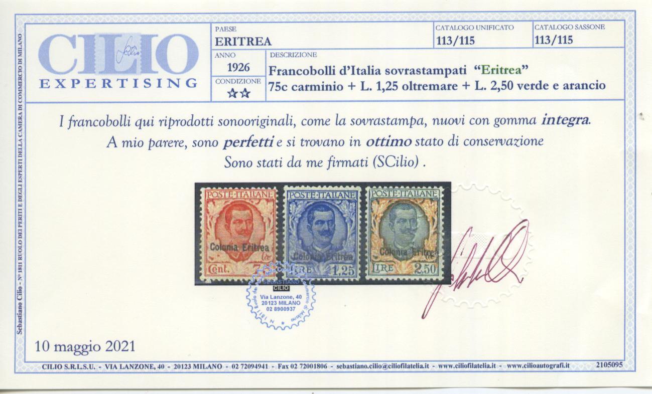 Scansione lotto: COLONIE ERITREA 1928/9 SOVR. 5V. 2 CENTR. **  CERT.