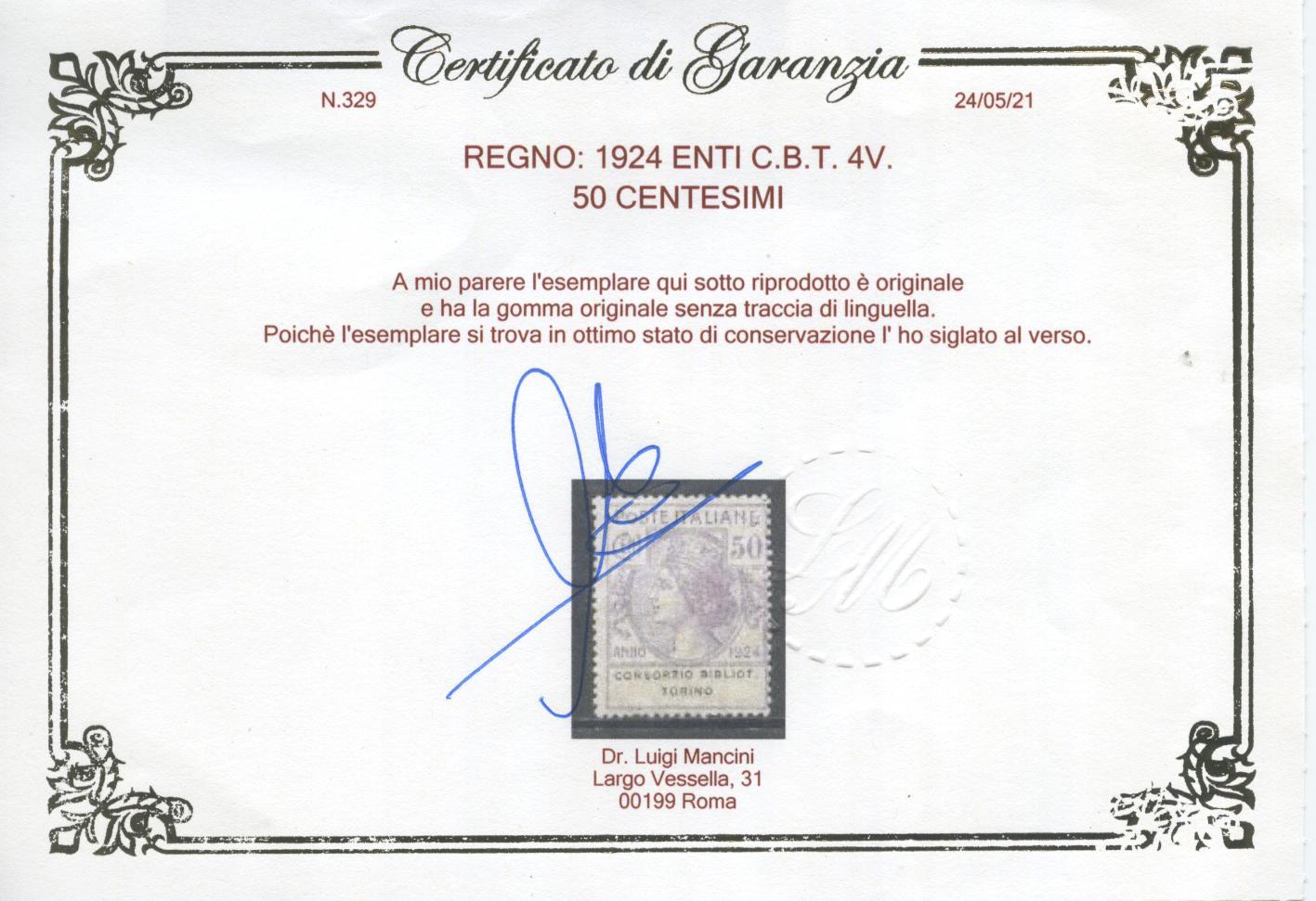 Scansione lotto: REGNO 1924 ENTI C.B.T. 4V. **  CERT.