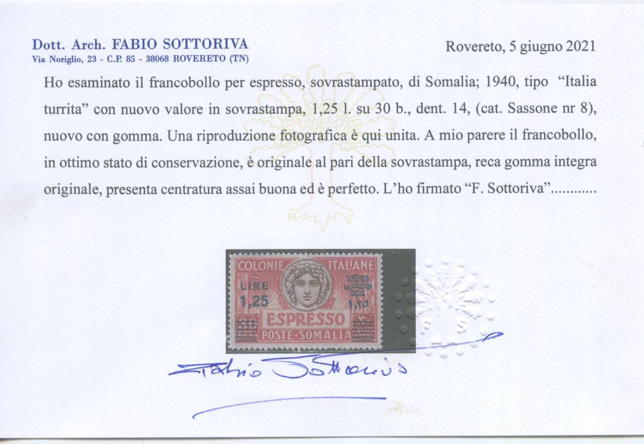 Scansione lotto: COLONIE SOMALIA 1940 ESPRESSO N.8 2 ** LUSSO CERT.