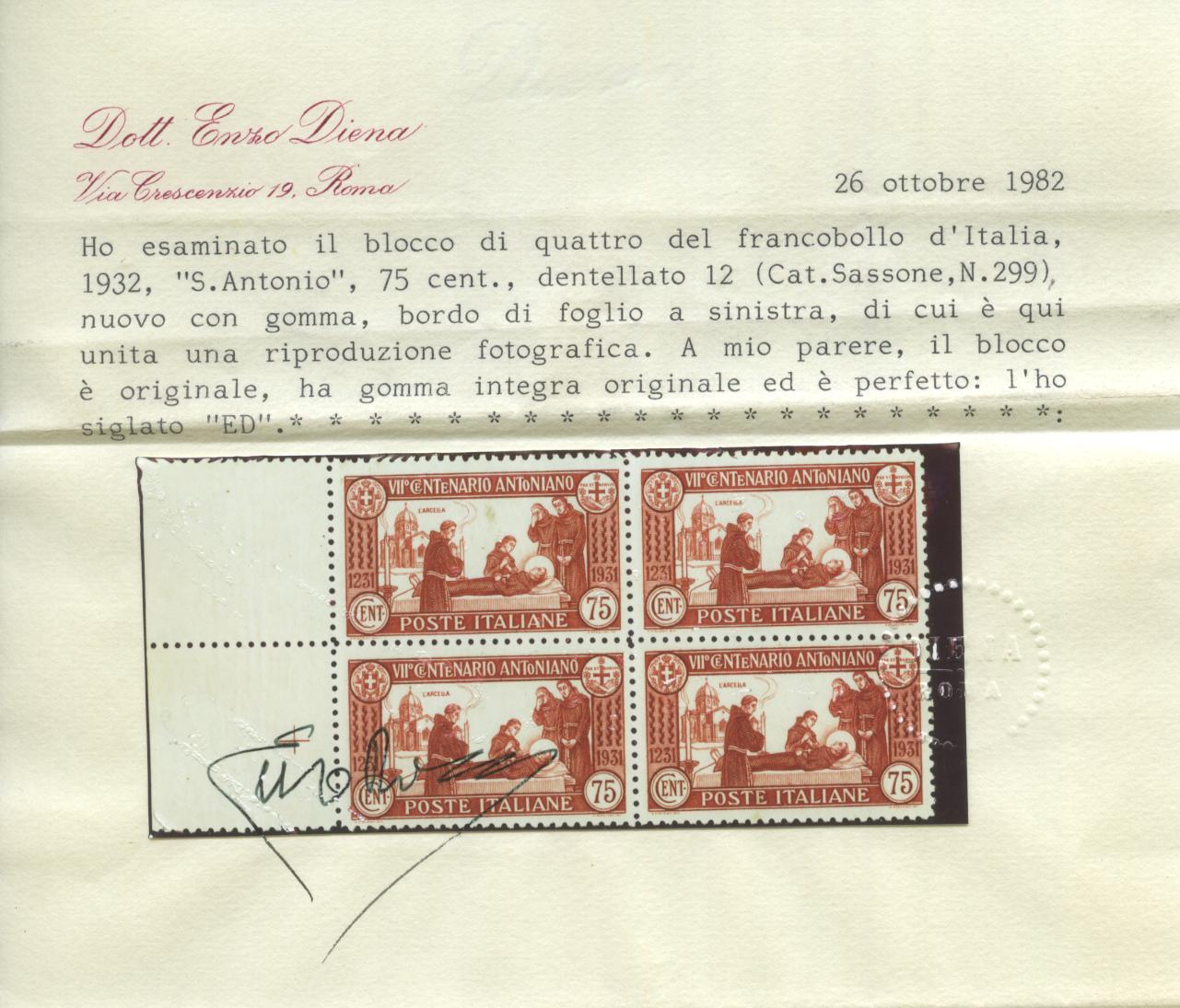 Scansione lotto: REGNO 1931 S. ANTONIO 75C. RARO X4 ** LUSSO CERT.