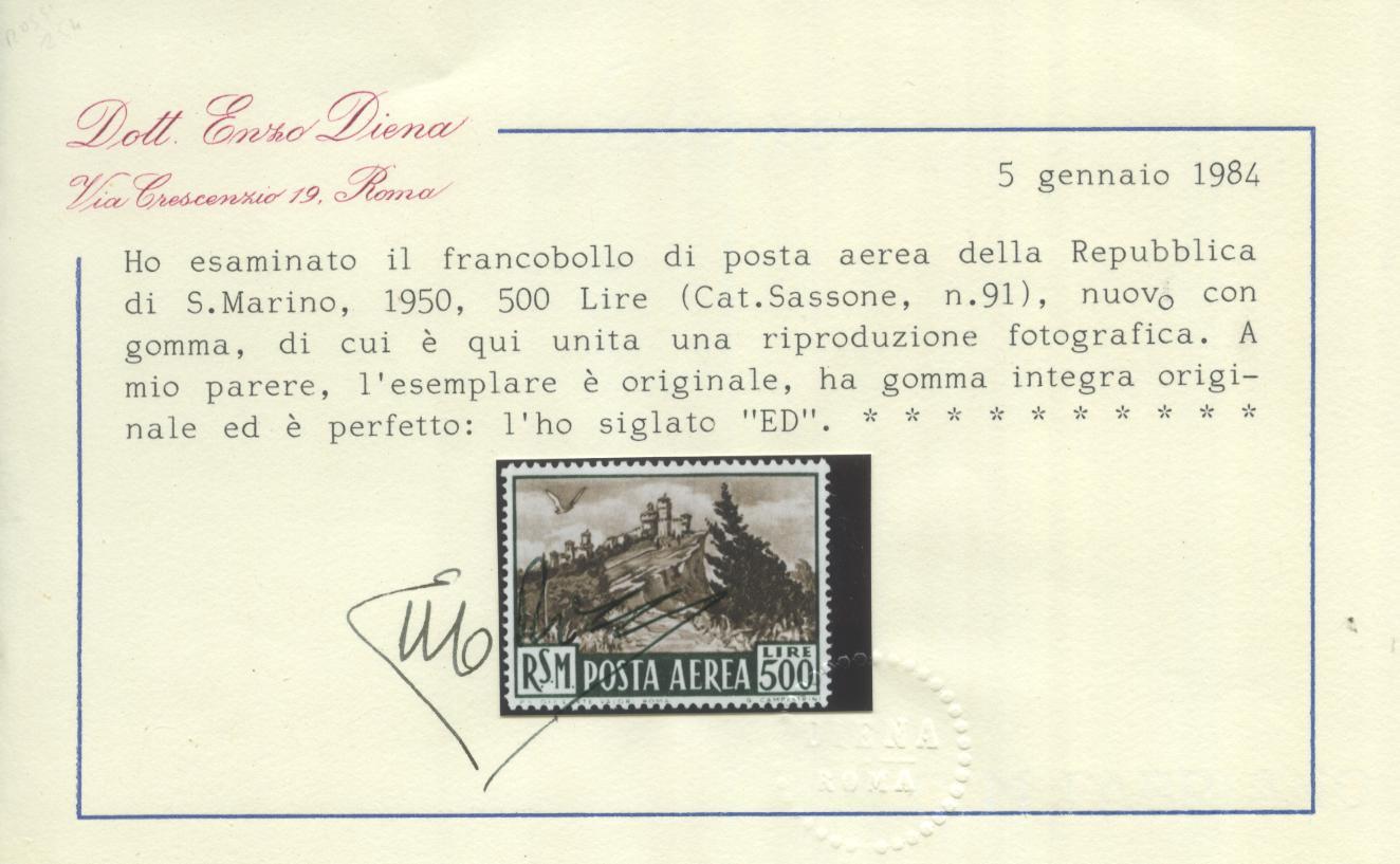 Scansione lotto: SAN MARINO 1951 POSTA AEREA L.500 3 ** LUSSO CERT.