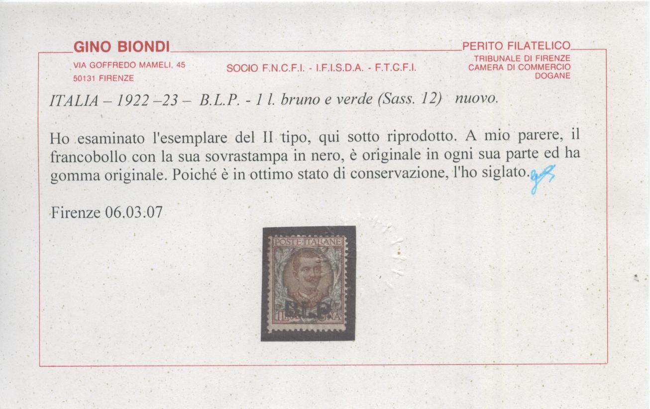 Scansione lotto: REGNO 1922 BLP L.1 2 *  CERT.