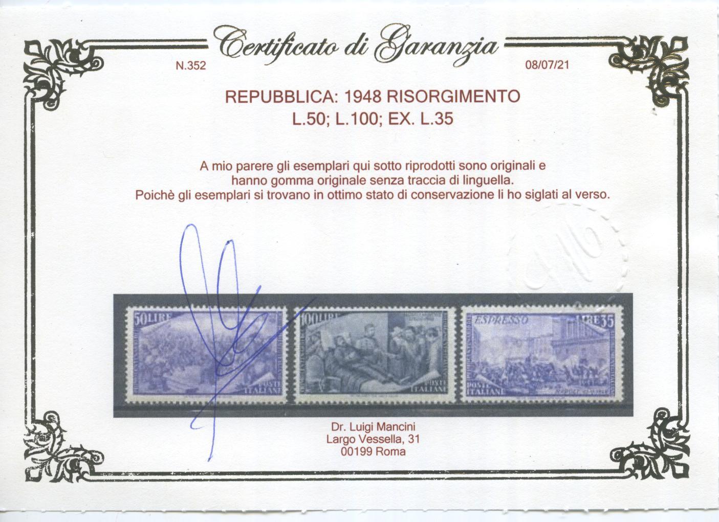 Scansione lotto: REPUBBLICA 1948 RISORGIMENTO 13V. 3 **  CERT.