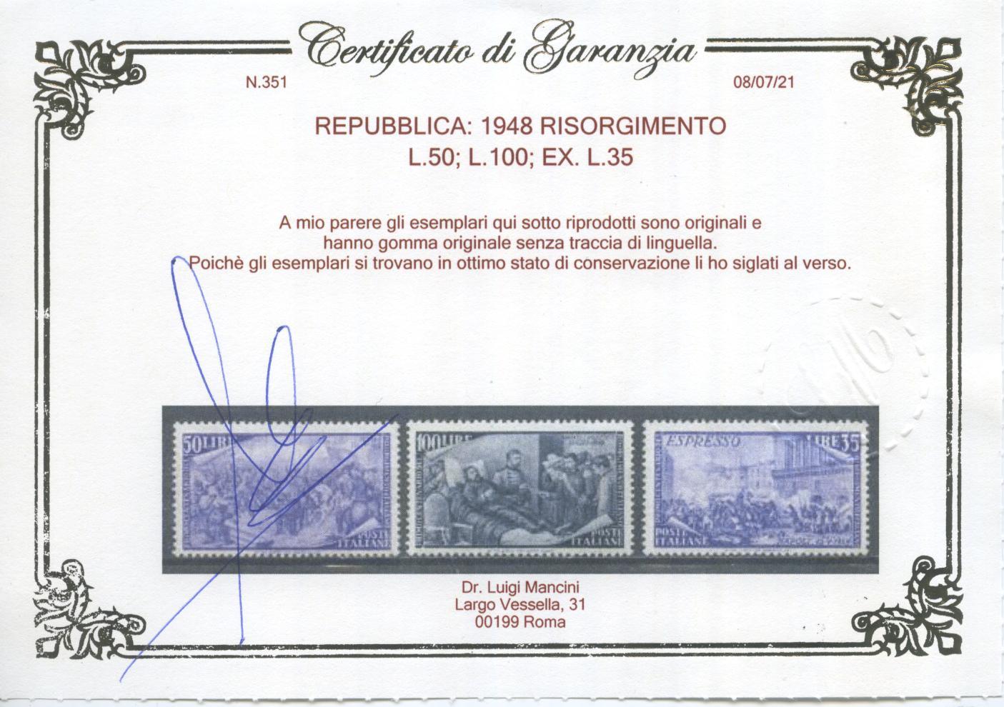 Scansione lotto: REPUBBLICA 1948 RISORGIMENTO 13V. 3 ** CENTRATO CERT.