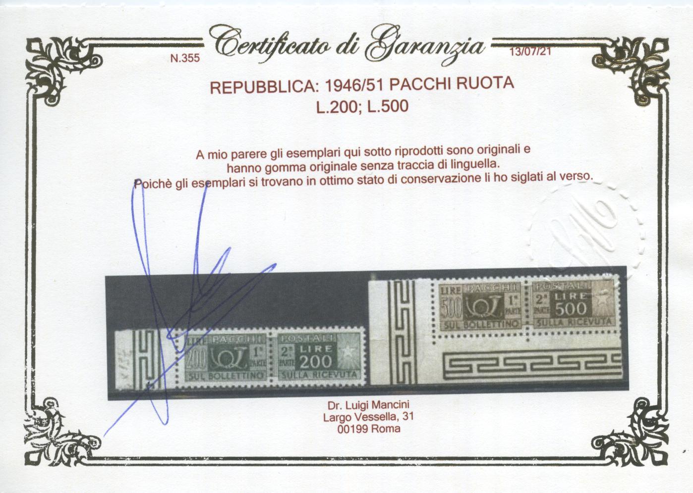 Scansione lotto: REPUBBLICA 1946/51 PACCHI RUOTA 14V. 2 ** LUSSO CERT.