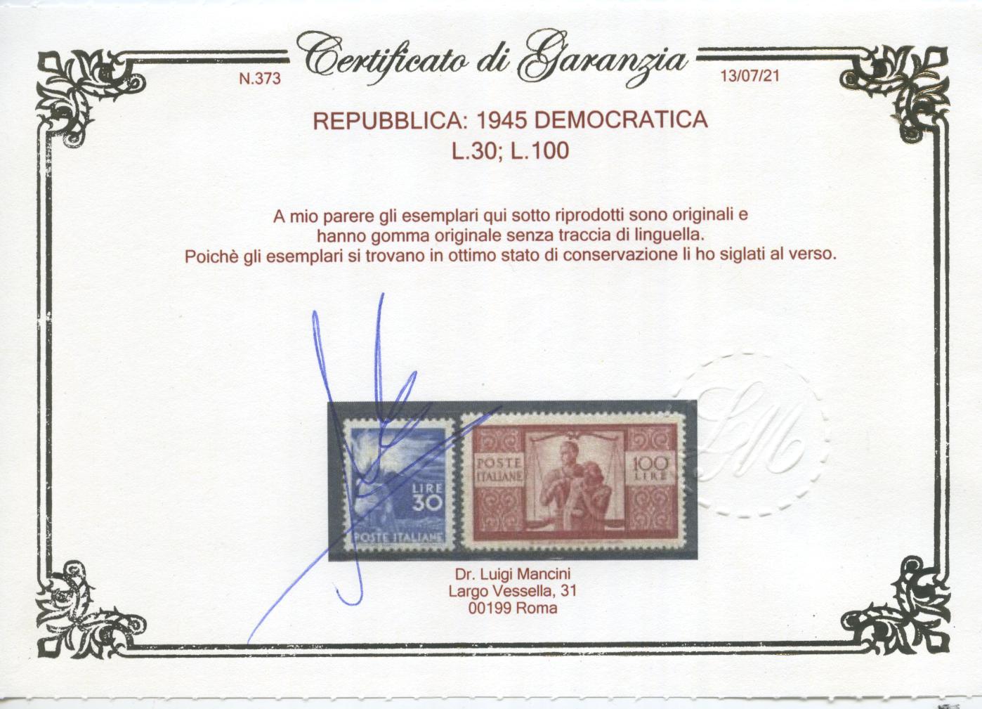 Scansione lotto: REPUBBLICA 1945 DEMOCRATICA 23V. 5 ** LUSSO CERT.