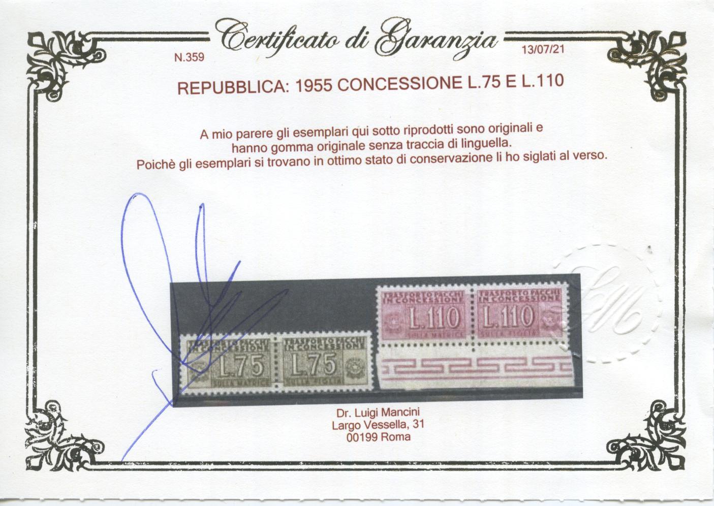 Scansione lotto: REPUBBLICA 1955 CONCESSIONE L.75 E 110 4 ** LUSSO CERT.