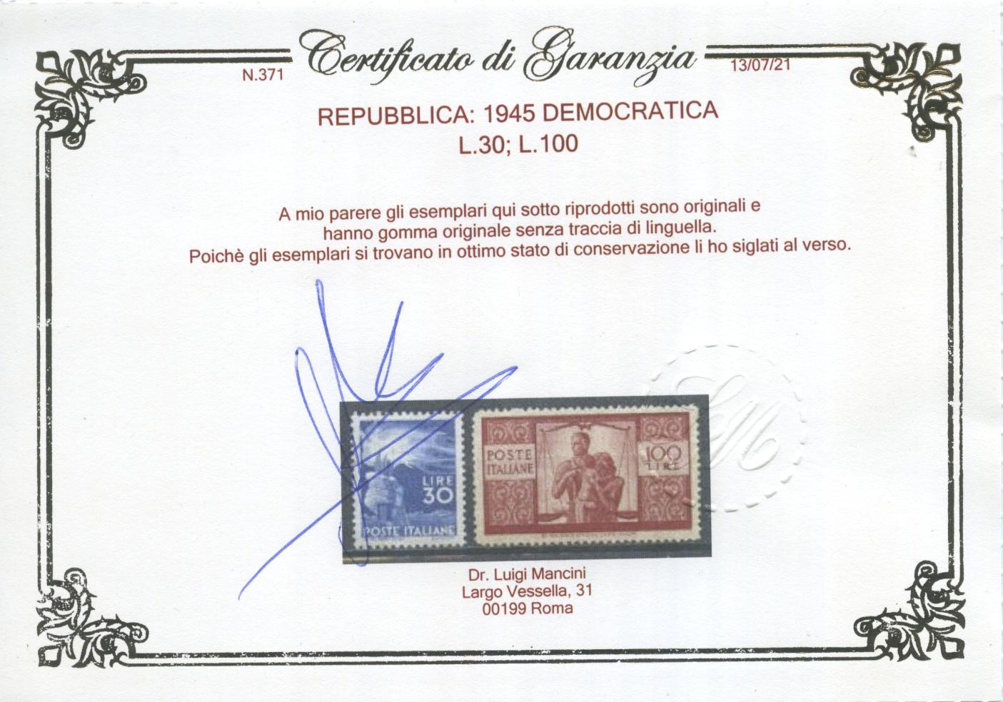 Scansione lotto: REPUBBLICA 1945 DEMOCRATICA 23V. ** LUSSO CERT.