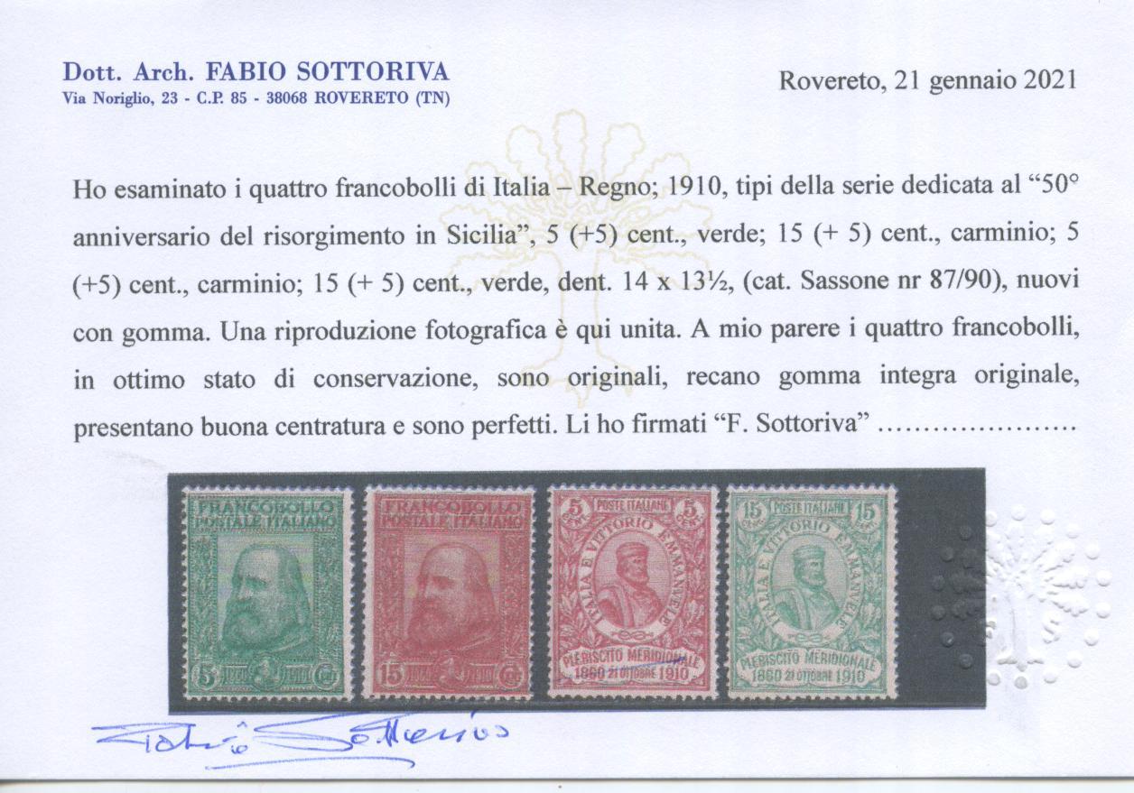 Scansione lotto: REGNO 1910 GARIBALDI 4V. 6 ** CENTRATO CERT.