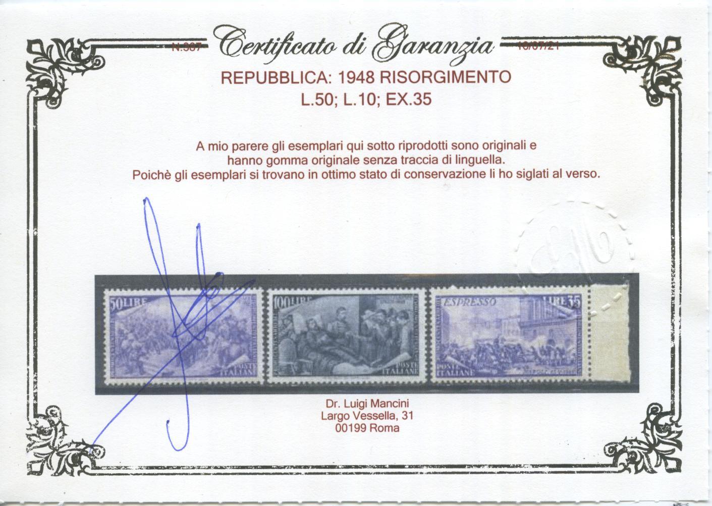 Scansione lotto: REPUBBLICA 1948 RISORGIMENTO 13V. 10 ** LUSSO CERT.