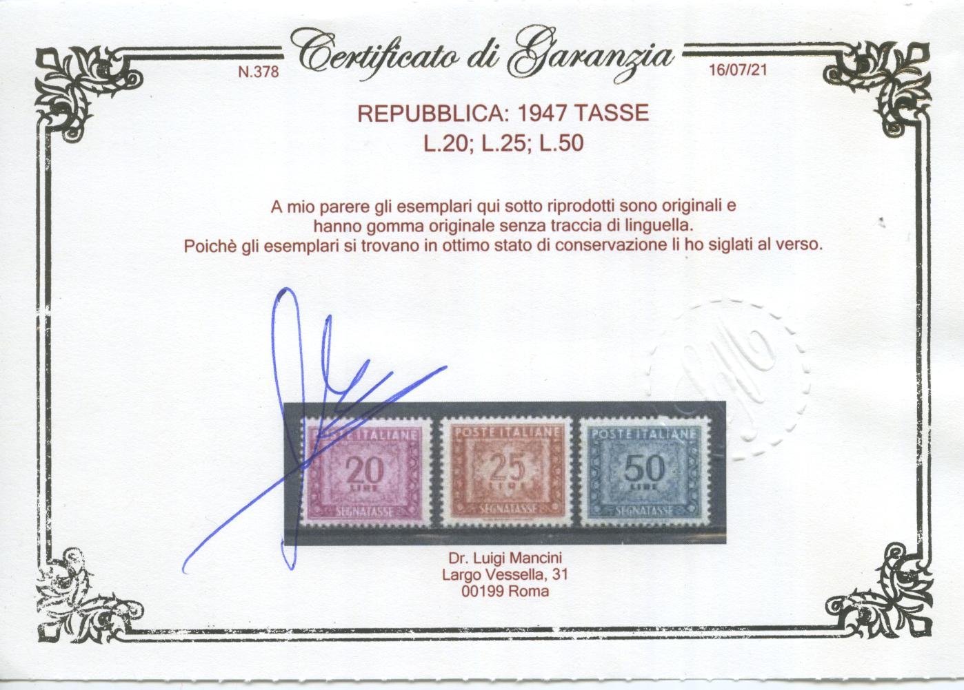 Scansione lotto: REPUBBLICA 1947 TASSE 14V. 6 ** LUSSO CERT.