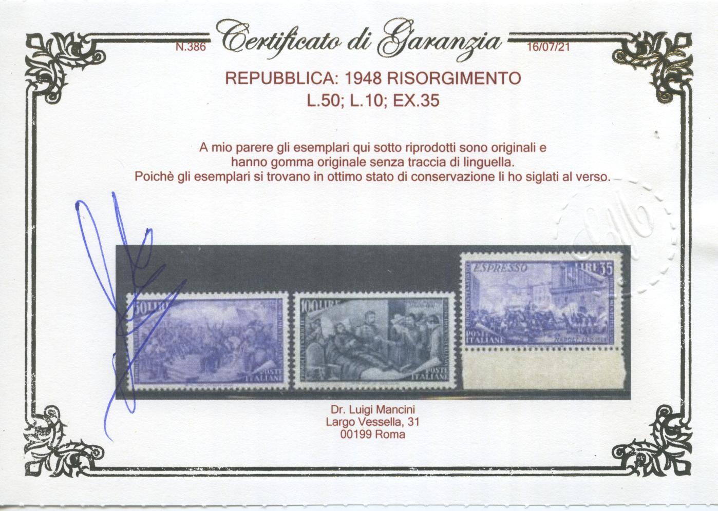 Scansione lotto: REPUBBLICA 1948 RISORGIMENTO 13V. 15 ** LUSSO CERT.