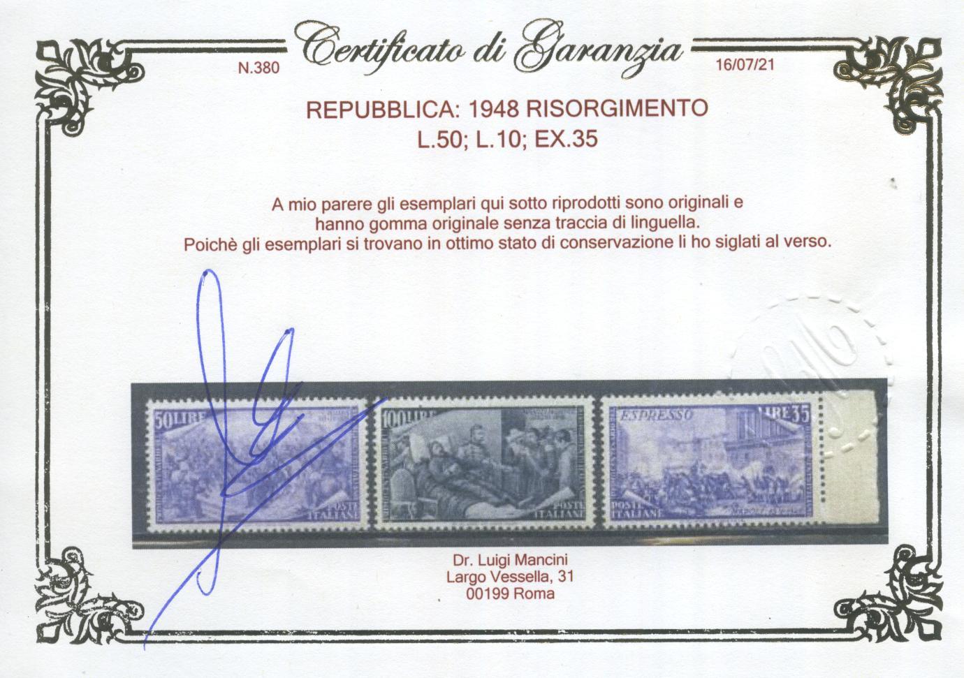 Scansione lotto: REPUBBLICA 1948 RISORGIMENTO 13V. 11 ** LUSSO CERT.