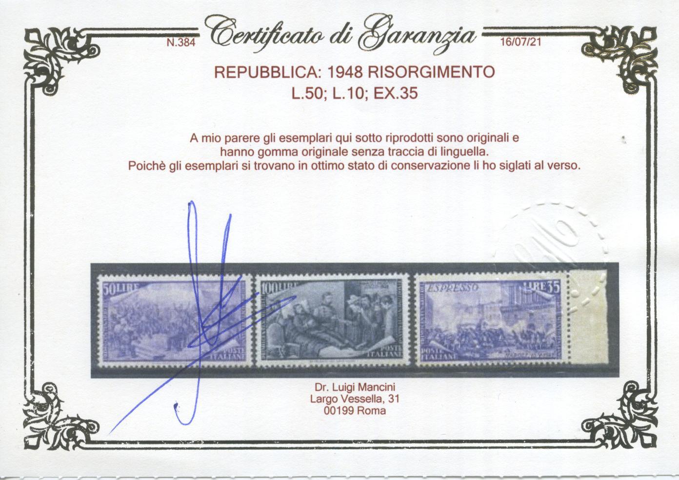 Scansione lotto: REPUBBLICA 1948 RISORGIMENTO 13V. 8 ** LUSSO CERT.