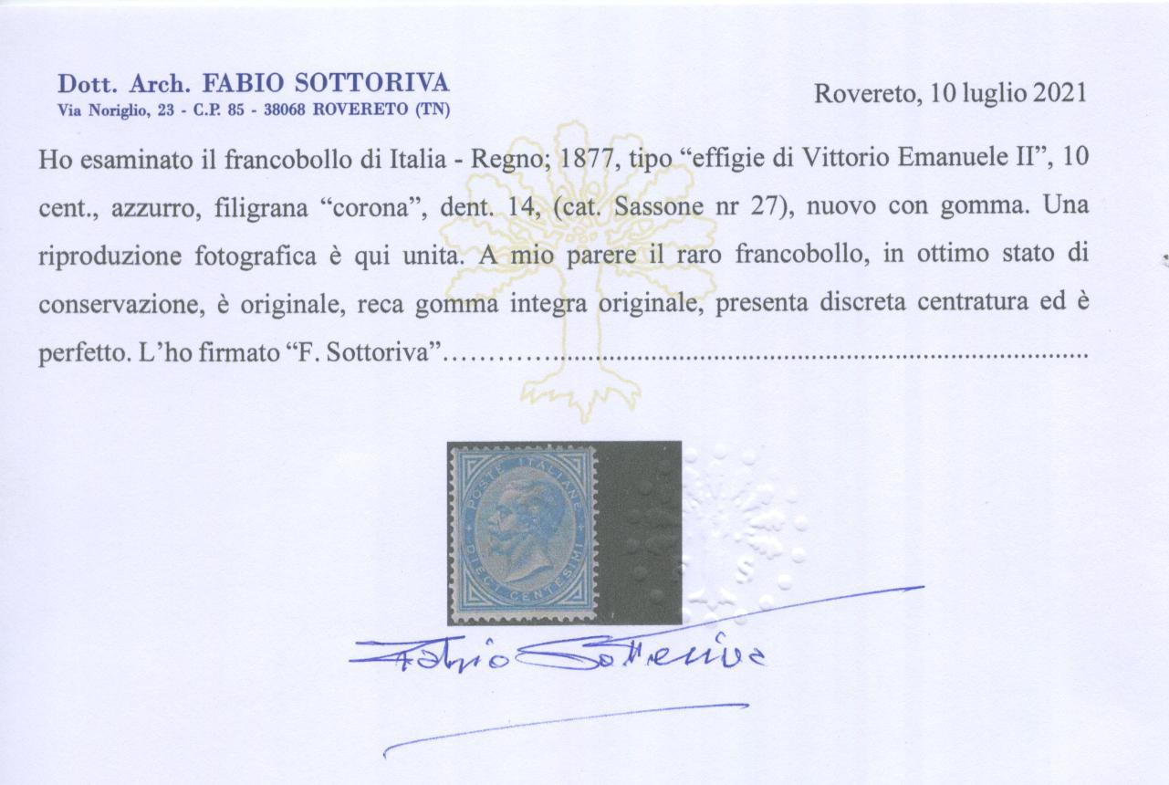 Scansione lotto: REGNO 1877 10C. AZZURRO 5 **  CERT.