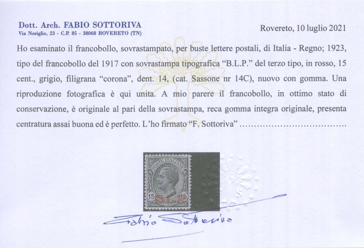 Scansione lotto: REGNO 1923 BLP 15C. III TIPO N.14C ** LUSSO CERT.