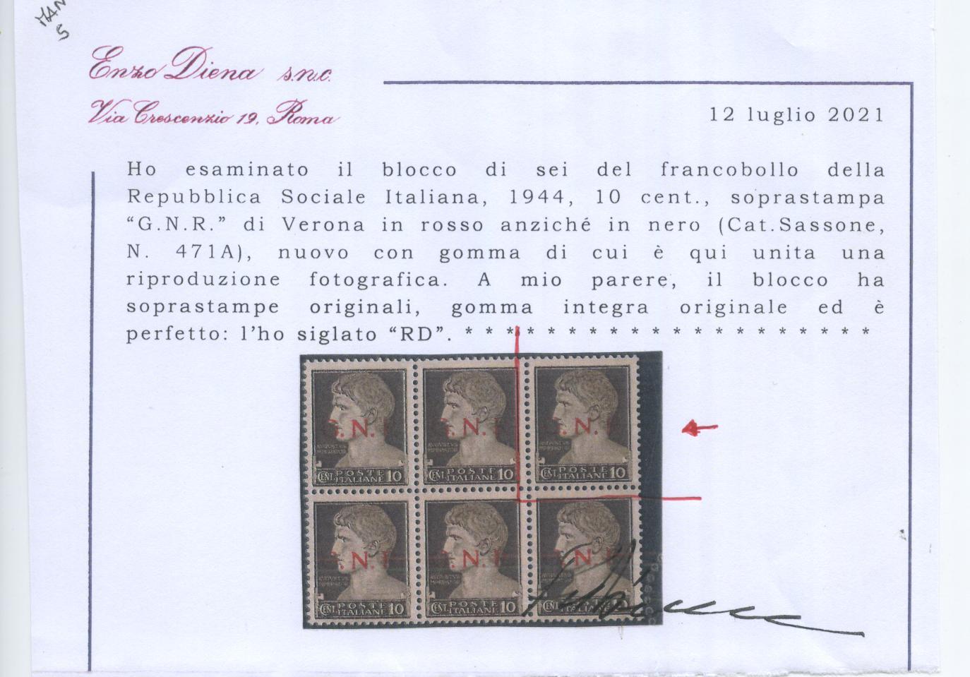 Scansione lotto: RSI E LUOGOTENENZA 1944 C.10 ROSSO *  CERT.