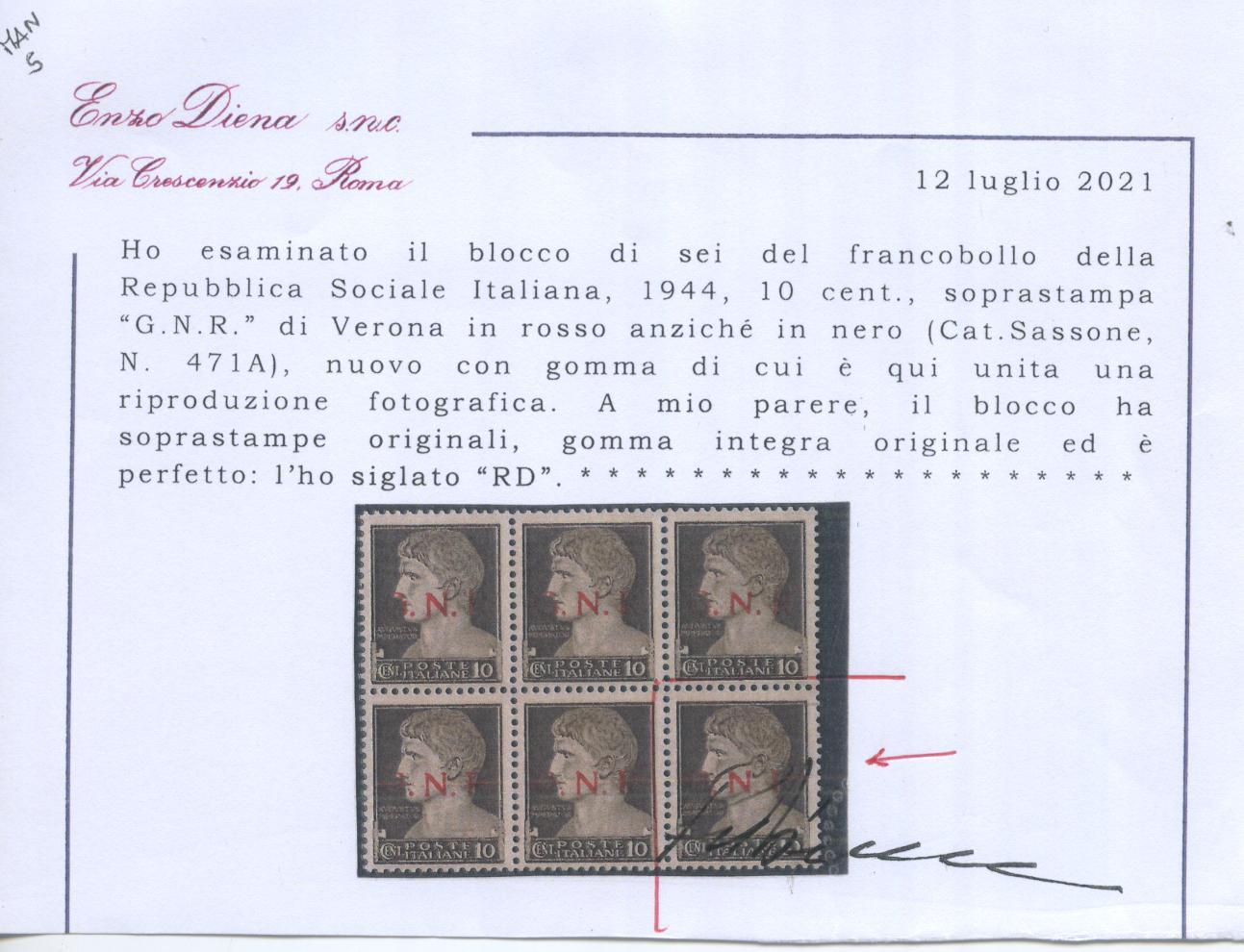 Scansione lotto: RSI E LUOGOTENENZA 1944 C.10 ROSSO 2 **  CERT.