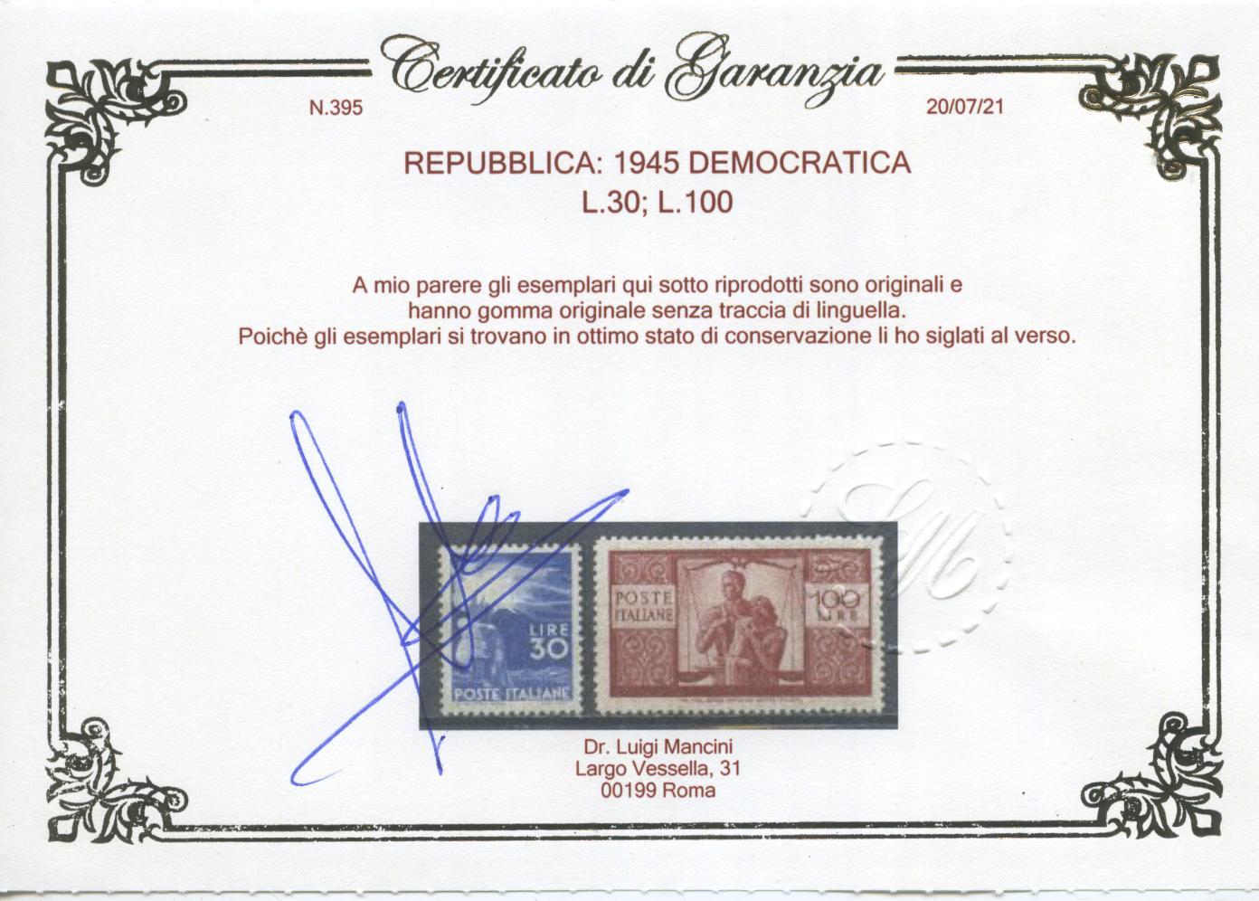 Scansione lotto: REPUBBLICA 1945 DEMOCRATICA 23V. 9 ** LUSSO CERT.