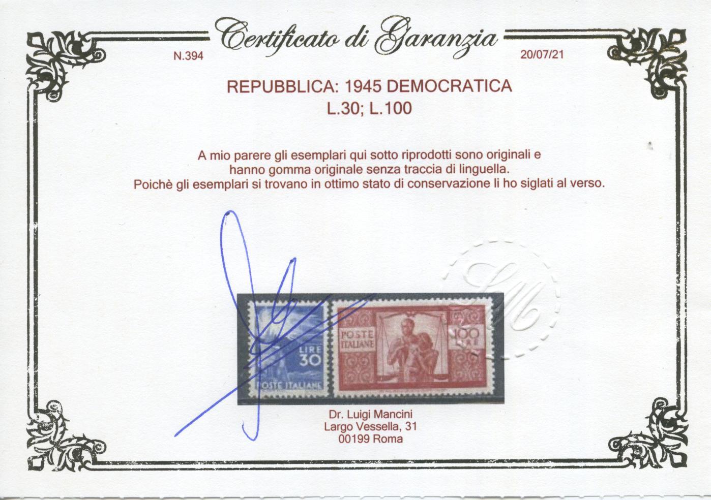 Scansione lotto: REPUBBLICA 1945 DEMOCRATICA 23V. 2 ** LUSSO CERT.