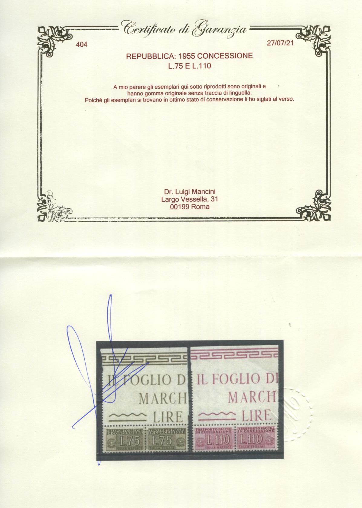 Scansione lotto: REPUBBLICA 1955 CONCESSIONE L.75 E 110 5 ** LUSSO CERT.