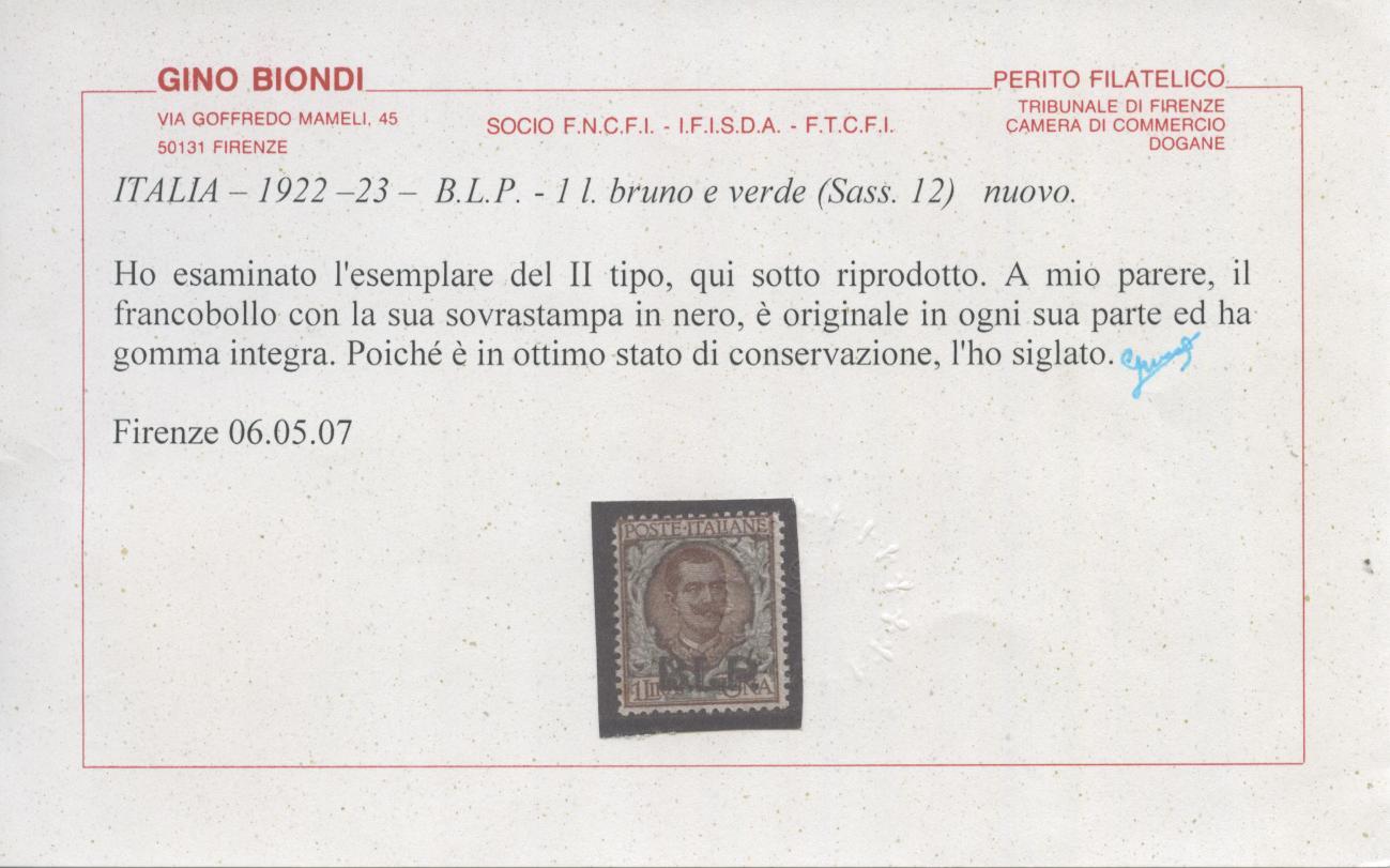 Scansione lotto: REGNO 1922 BLP L.1 **  CERT.